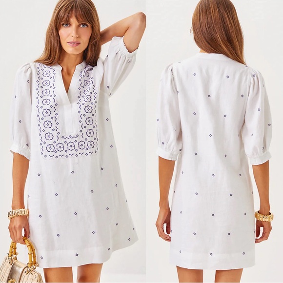Lilly Pulitzer • Mialeigh Linen Dress in Water Hyacinth white folk embroidery - Picture 7 of 15